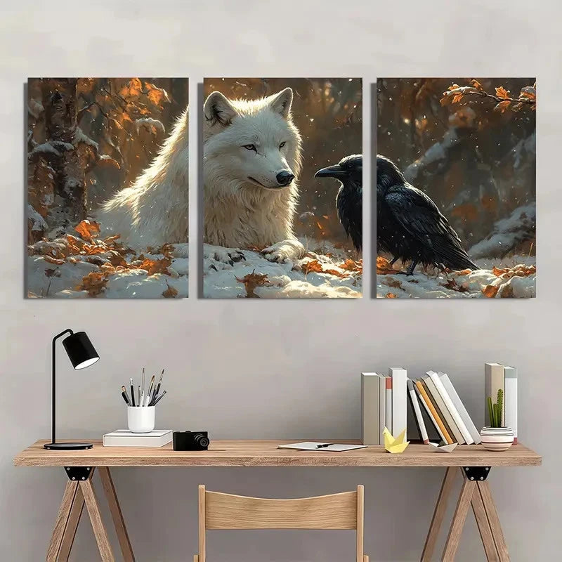 3pcs White Wolf & Raven Winter Forest Metal Print Ready to Hang Art