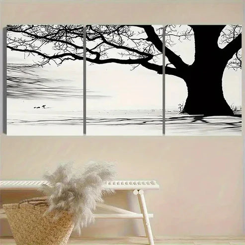 3pcs Monochrome Tree and Water Reflection Wall Art Canvas Unframed - High Quality Print 100% Australian Made Wall Canvas