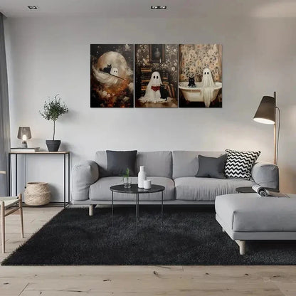 3pcs Black Cat Ghost Halloween Wall Painting Metal Print Ready to Hang Art