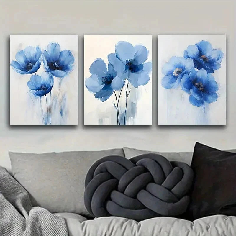 3pcs Blue Flowers In White Background Floral Metal Print Ready to Hang Art