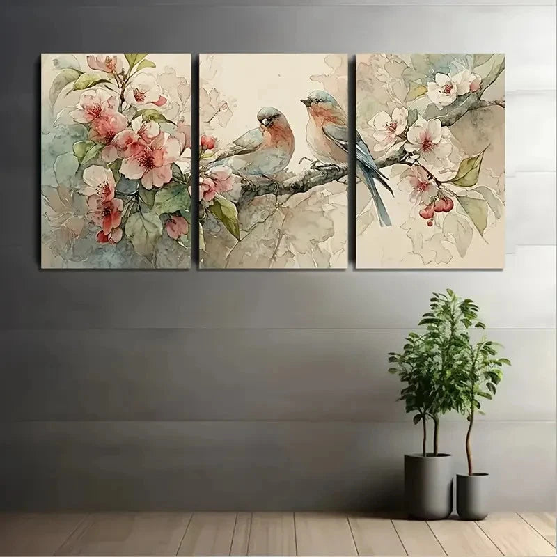 3pcs Apple Tree Branch With Blooming Flowers Wall Art Set Canvas Framed 50x70cm - High Quality Print 100% Australian Made Wall Canvas Ready to Hang
