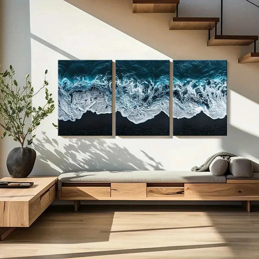 3pcs Ocean Waves Black Sand Beach Natural Lands Metal Print Ready to Hang Art