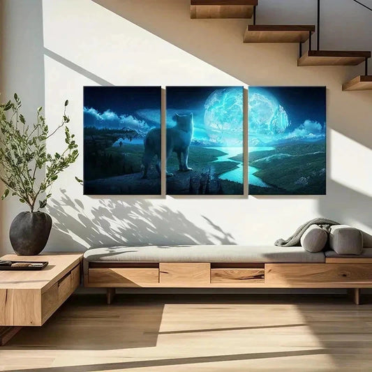 3pcs Plains Under Full Moon and Wolf Wall Art Set Canvas Framed 40x60cm - High Quality Print 100% Australian Made Wall Canvas Ready to Hang
