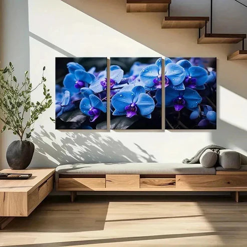 3pcs Blue Phalaenopsis Flowers with Dewdrops Wall Art Canvas Unframed - High Quality Print 100% Australian Made Wall Canvas