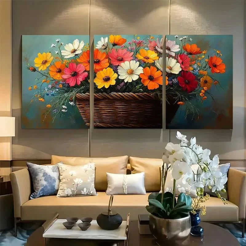 3pcs Rustic Wildflower Basket Meadow Blooms Design Metal Print Ready to Hang Art