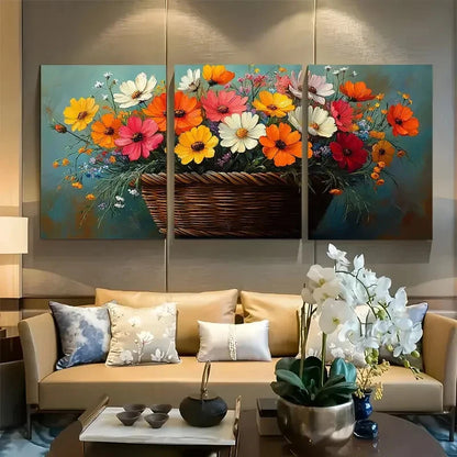 3pcs Rustic Wildflower Basket Meadow Blooms Design Metal Print Ready to Hang Art