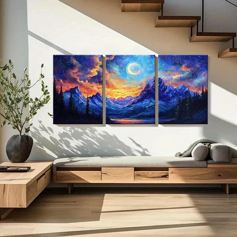 3pcs Moonlit Mountain Landscape Vibrant Sky Metal Print Ready to Hang Art