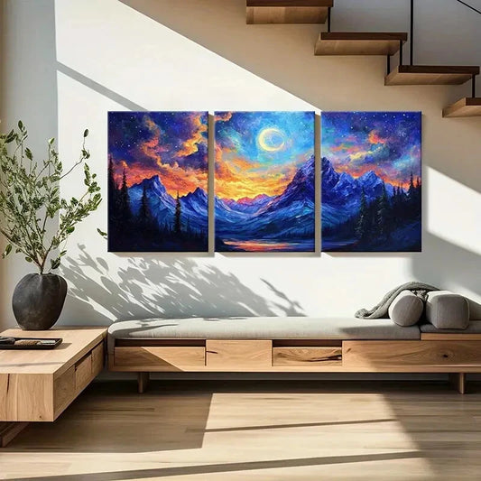 3pcs Moonlit Mountain Landscape Vibrant Sky Metal Print Ready to Hang Art
