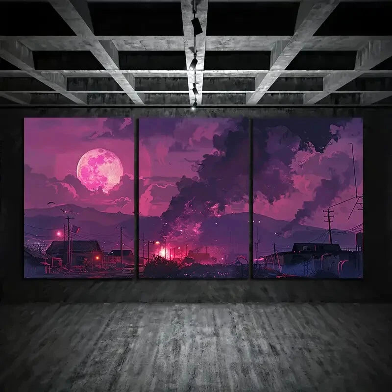 3pcs Pink Moonlit Abandoned Town Metal Print Ready to Hang Art