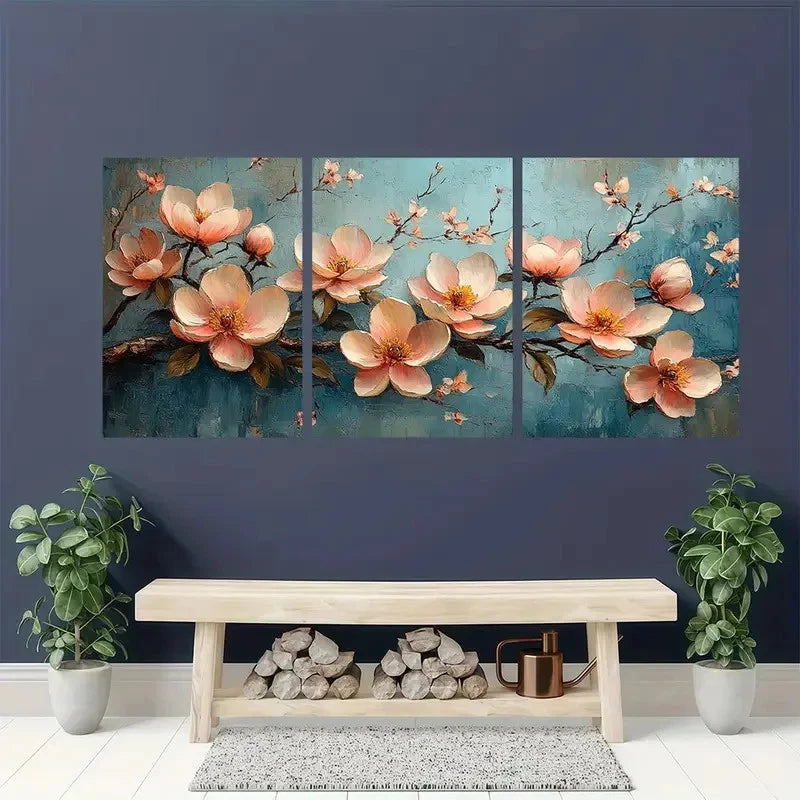 3pcs Peony Magnolia Landscape Painting Metal Print Ready to Hang Art