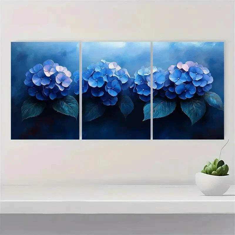 3pcs Blue Hydrangea Painting Print Garden Metal Print Ready to Hang Art