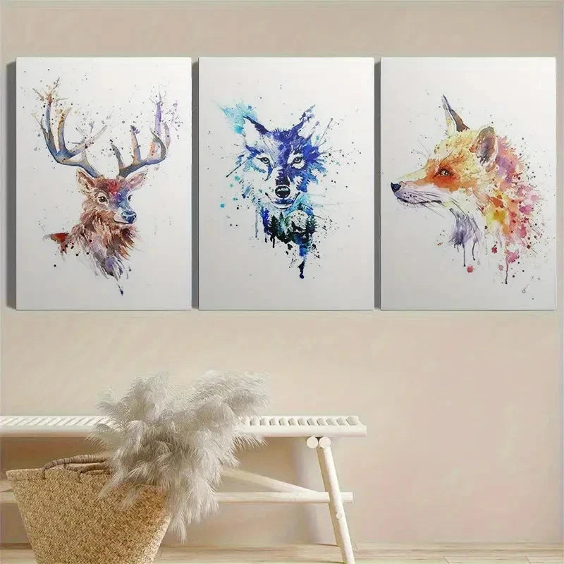 3pcs Watercolor-Style Deer Wolf and Fox Painting  Metal Print Ready to Hang Art