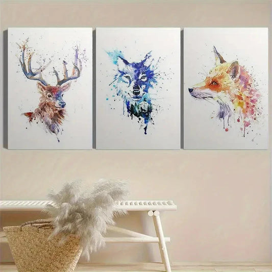 3pcs Watercolor-Style Deer Wolf and Fox Painting  Metal Print Ready to Hang Art