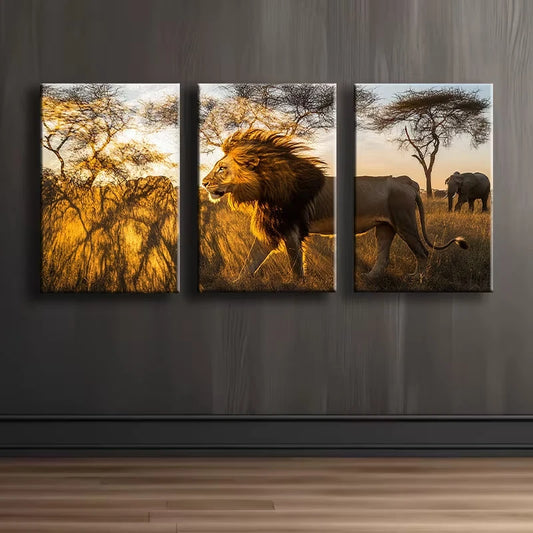 3pcs Majestic Lion Illustration Wall Art Set Canvas Framed 60x90cm - High Quality Print 100% Australian Made Wall Canvas Ready to Hang