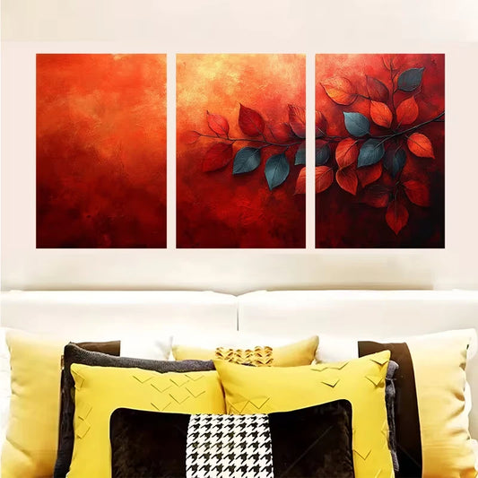 3pcs Fall Leaves, Autumn, Red Orange Metal Print Ready to Hang Art