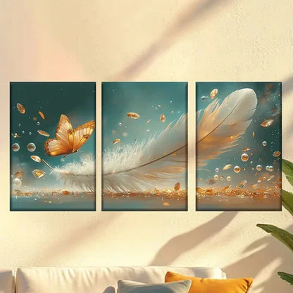 3pcs Beside The Feathers Are Golden Butterflies Wall Art Set Canvas Unframed - High Quality Print 100% Australian Made Wall Canvas