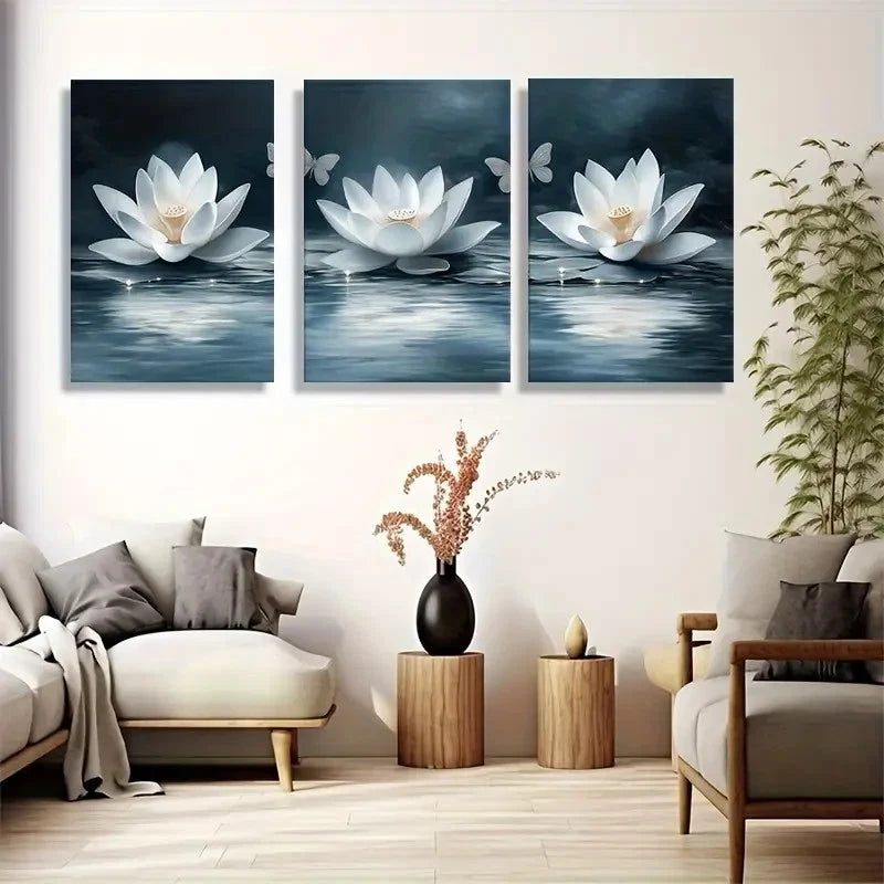 3pcs Featuring White for Lotus and Butterflies Metal Print Ready to Hang Art