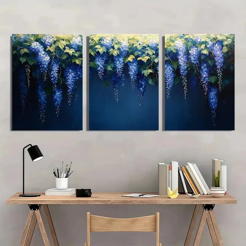 3pcs Wisteria Flower Blue & White Vine Design Metal Print Ready to Hang Art