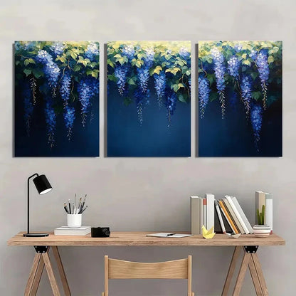 3pcs Wisteria Flower Blue & White Vine Design Metal Print Ready to Hang Art