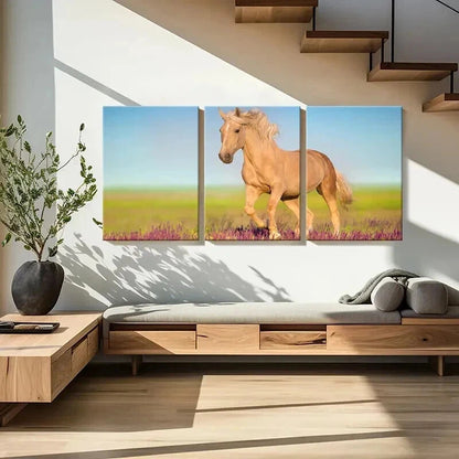 3pcs Meadow Running Horses & Lavender Flowers Wall Art Set Canvas Framed 40x60cm - High Quality Print 100% Australian Made Wall Canvas Ready to Hang