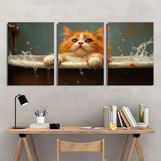 3pcs Funny Orange Kitten in Bathtub Wall Art Set Canvas Framed 50x70cm - High Quality Print 100% Australian Made Wall Canvas Ready to Hang