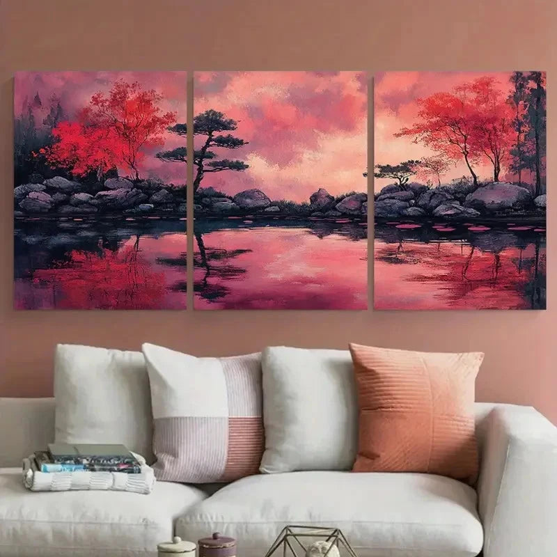 3pcs Traditional Japanese Garden Magenta Scene Metal Print Ready to Hang Art
