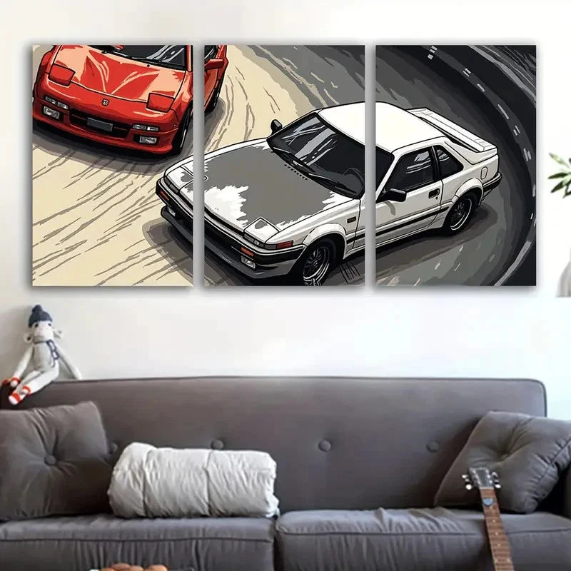 3pcs Vintage Cars in Action, Retro Wall Art Set Canvas Framed 40x60cm - High Quality Print 100% Australian Made Wall Canvas Ready to Hang
