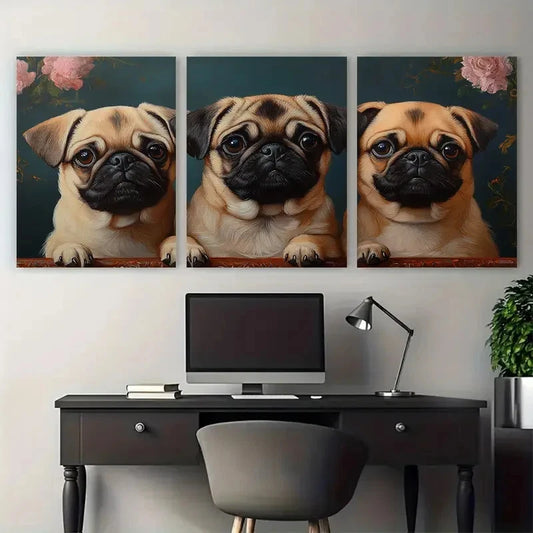 3pcs Pug Dog Portrait Cute Animals Metal Print Ready to Hang Art
