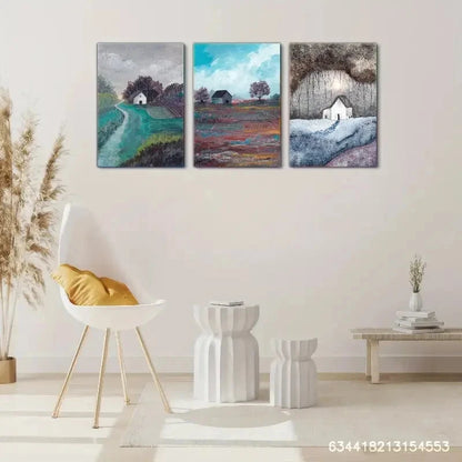 3pcs Trees Fields Sky House Cabin Landscape Metal Print Ready to Hang Art