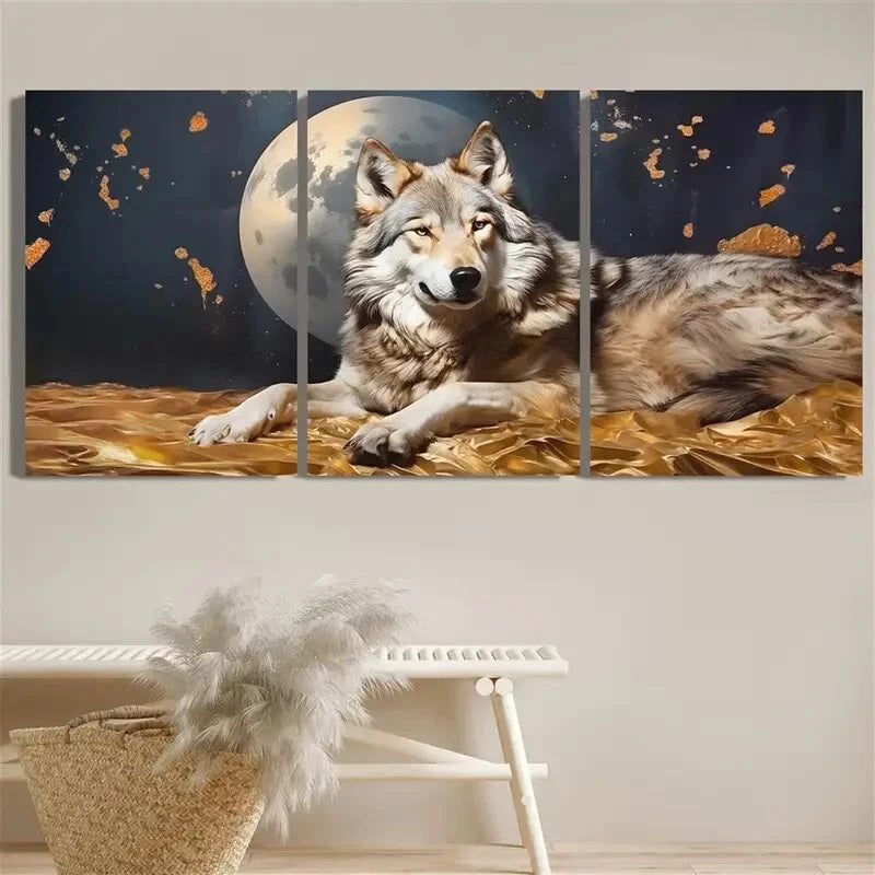 3pcs Wolf on the Moon Golden Moon & Stars Metal Print Ready to Hang Art