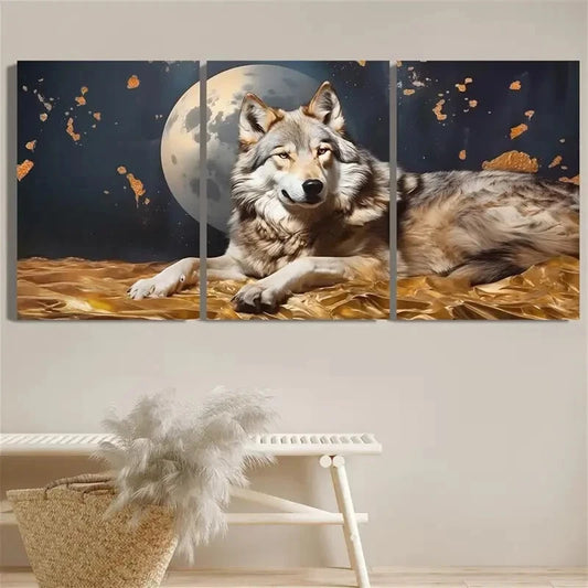 3pcs Wolf on the Moon Golden Moon & Stars Metal Print Ready to Hang Art