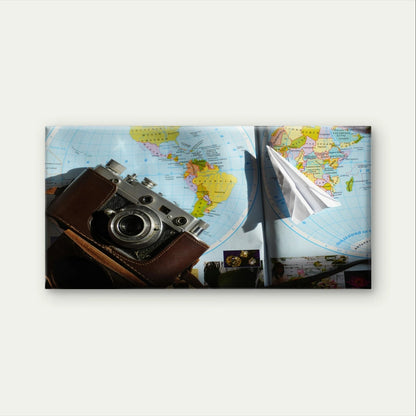 Vintage Travel Camera on World Map Wall Art Canvas Office Home Framed 120x60cm