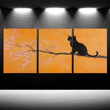 3pcs Cat and Cherry Blossom Branches Metal Print Ready to Hang Art