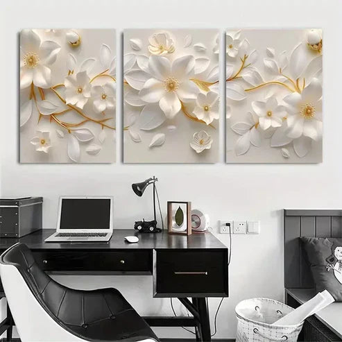 3pcs White Floral Paper Art with Golden  Wall Art Set Canvas Unframed - High Quality Print 100% Australian Made Wall Canvas