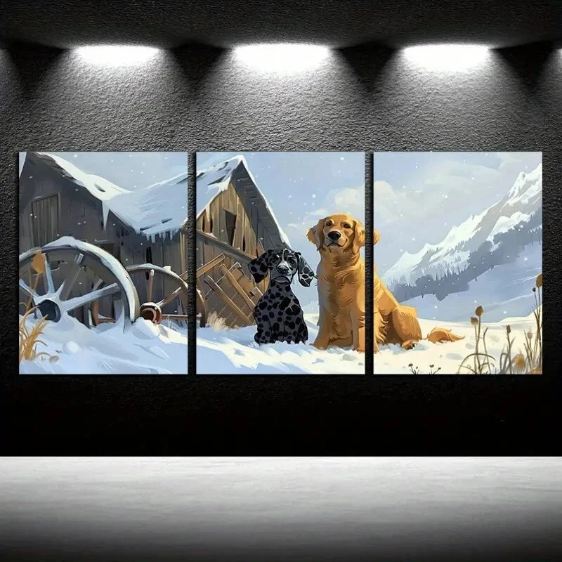 3pcs Dogs in Winter Yard with Stagecoach Metal Print Ready to Hang Art