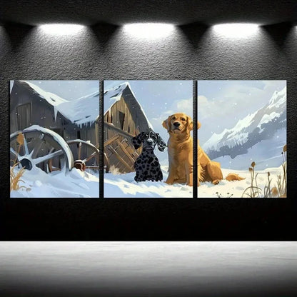 3pcs Dogs in Winter Yard with Stagecoach Metal Print Ready to Hang Art