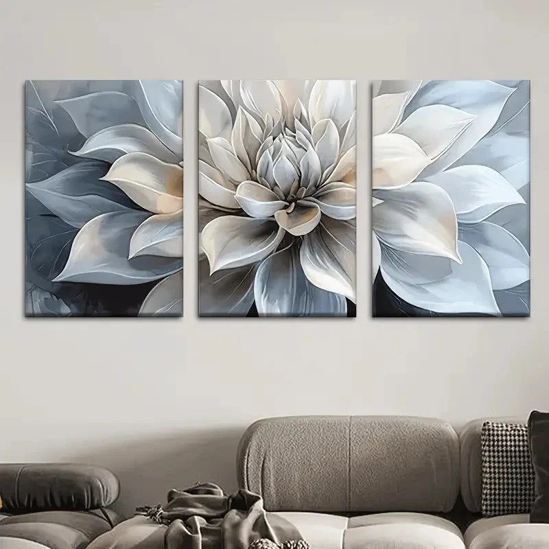 3pcs Beige Gray White & Blue Abstract Floral Metal Print Ready to Hang Art