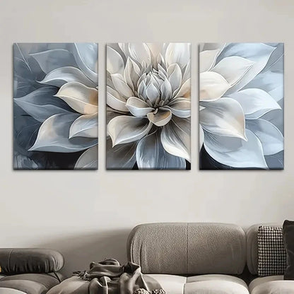 3pcs Beige Gray White & Blue Abstract Floral Metal Print Ready to Hang Art