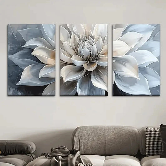 3pcs Beige Gray White & Blue Abstract Floral Metal Print Ready to Hang Art