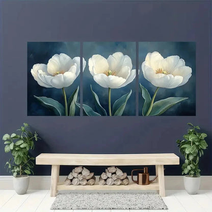3pcs Elegant White Tulips Floral Watercolor Metal Print Ready to Hang Art