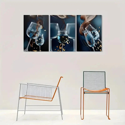 3pcs Modern Abstract Wine Glass Metal Print Ready to Hang Art