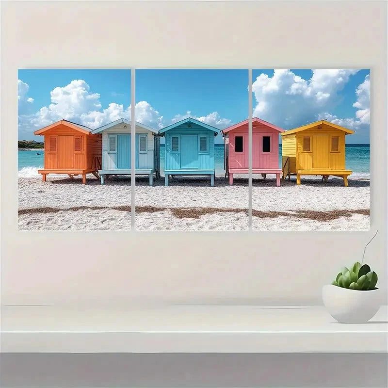3pcs Summer Seaside Art Coastal Beach Huts Metal Print Ready to Hang Art