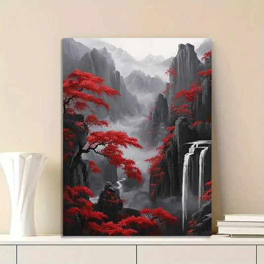 Vibrant Red Trees & Mountain Landscape Waterfall 40x60cm Metal Print Ready to Hang