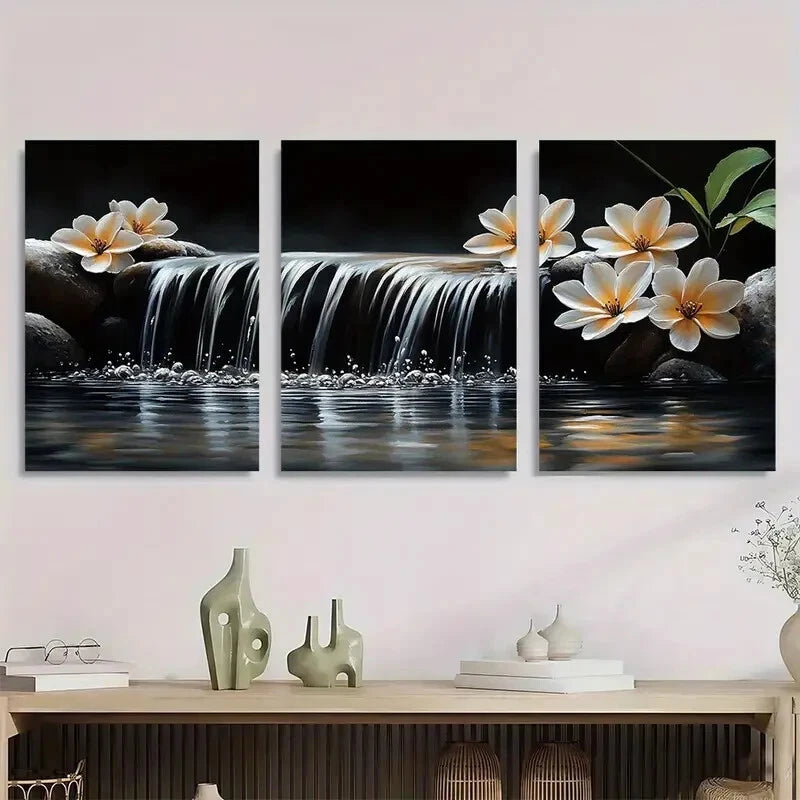 3pcs Serene Bamboo Plumeria Flowers & Waterfall Metal Print Ready to Hang Art
