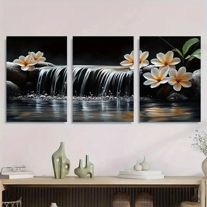 3pcs Serene Bamboo Plumeria Flowers & Waterfall Metal Print Ready to Hang Art