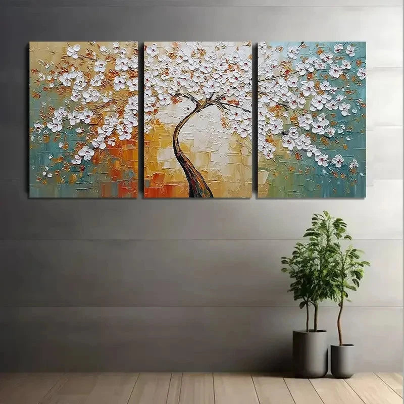 3pcs Featuring A Huge Tree With White Flowers Metal Print Ready to Hang Art