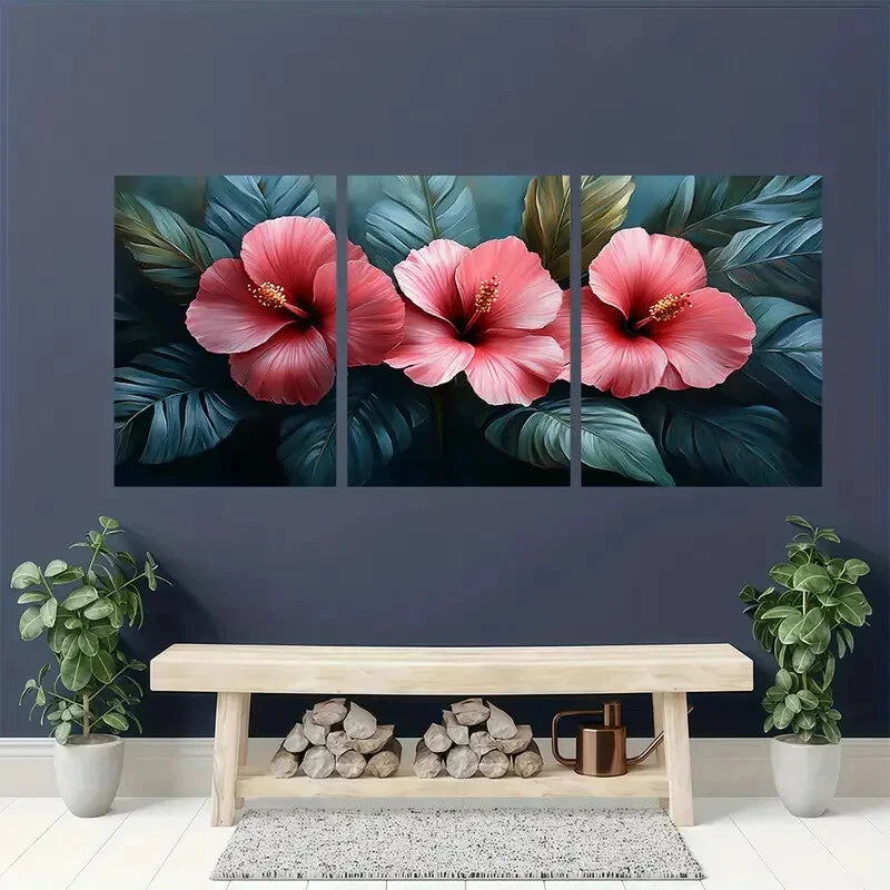 3pcs Tropical Pink Hibiscus & Monstera Leaf Art Metal Print Ready to Hang Art