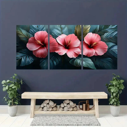 3pcs Tropical Pink Hibiscus & Monstera Leaf Art Metal Print Ready to Hang Art