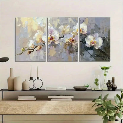 3pcs Abstract White Orchid in Light Gray Metal Print Ready to Hang Art