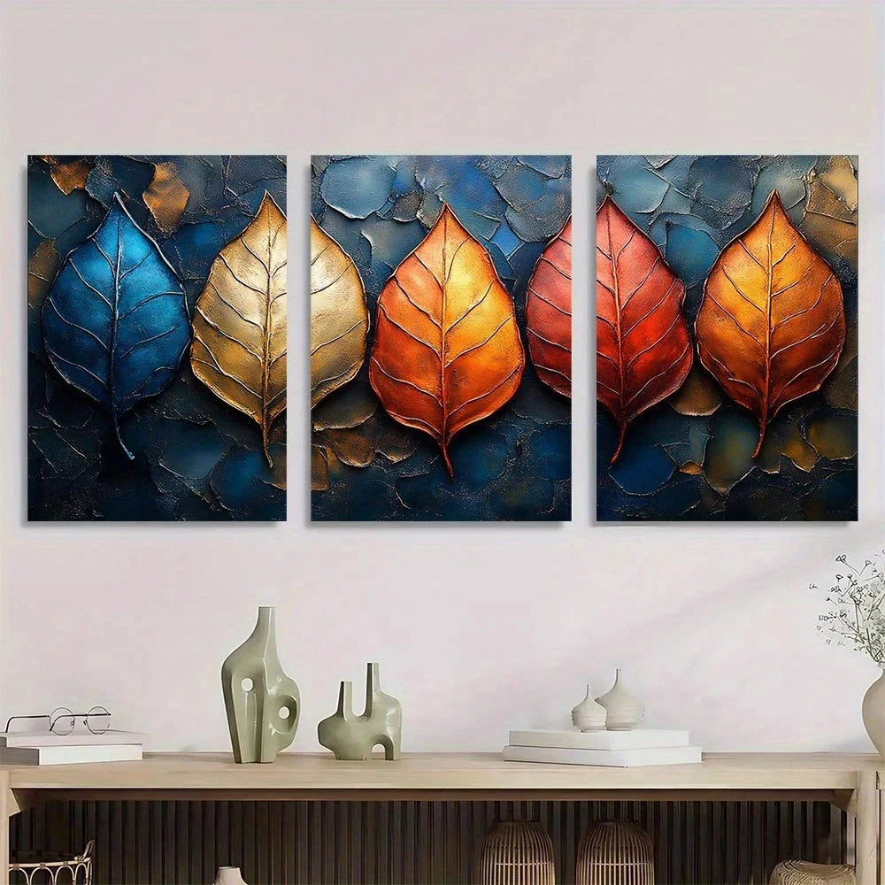 3pcs Elegant Modern Abstract Leaf Textured Metal Print Ready to Hang Art